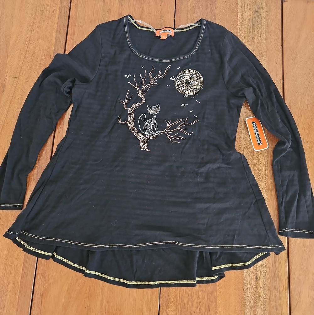 Holiday Traditions Halloween Sparkle Cat Moon Long Sleeve Top